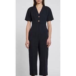Sandro Paris Willy Button Detail Stretch Jumpsuit in Marine Blue